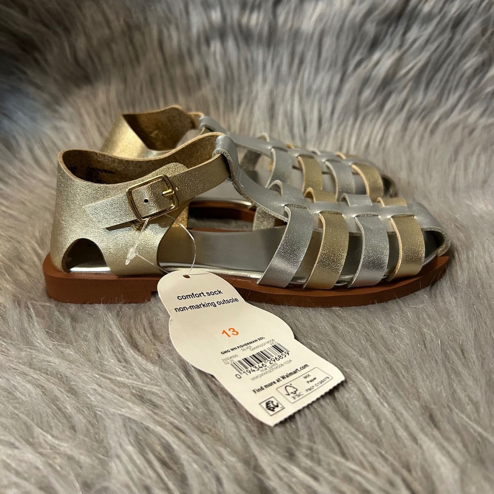 Wonder Nation‎ Fisherman Sandals Little Girls Size 13 Silver Gold Shoes Buckle